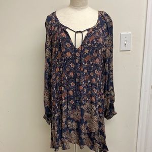 Free People blue/peach peasant dress or tunic, lined, long sleeve